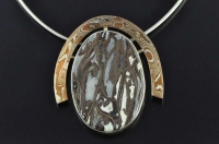 Fossil Palm wood and Mokume Gane pendant
